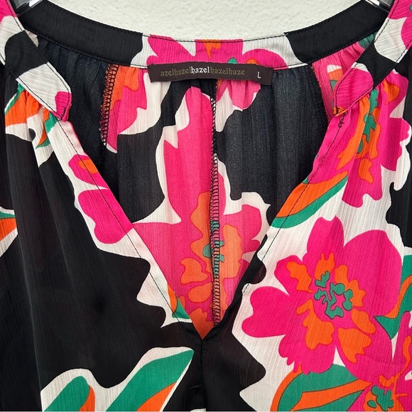 Hazel Anthropologie Floral Blouse Top V-Neck Garden Girl Pink Black Size Large - Picture 5 of 16